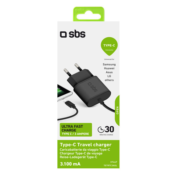 10W заряден адаптер с USB-C, Черно, Black, SBS