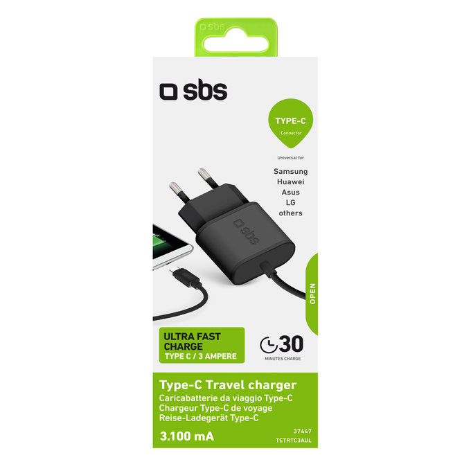 10W заряден адаптер с USB-C, Черно, Black, SBS