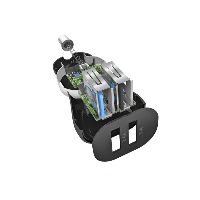 Автомобилно зарядно, 2x USB, 2.4A, Черно, Black, SBS