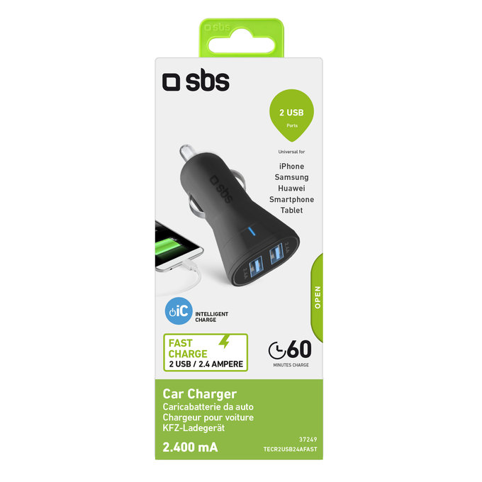 Автомобилно зарядно, 2x USB, 2.4A, Черно, Black, SBS
