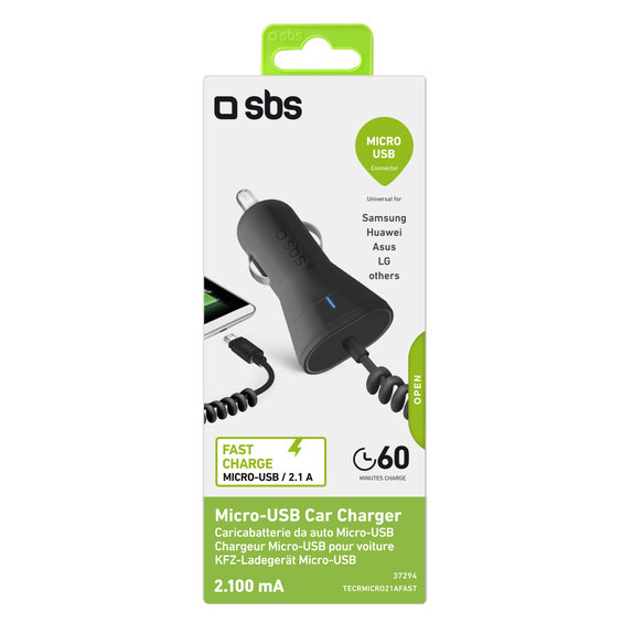 Автомобилно зарядно, Micro-USB, 2.1A, Черно, Black, SBS