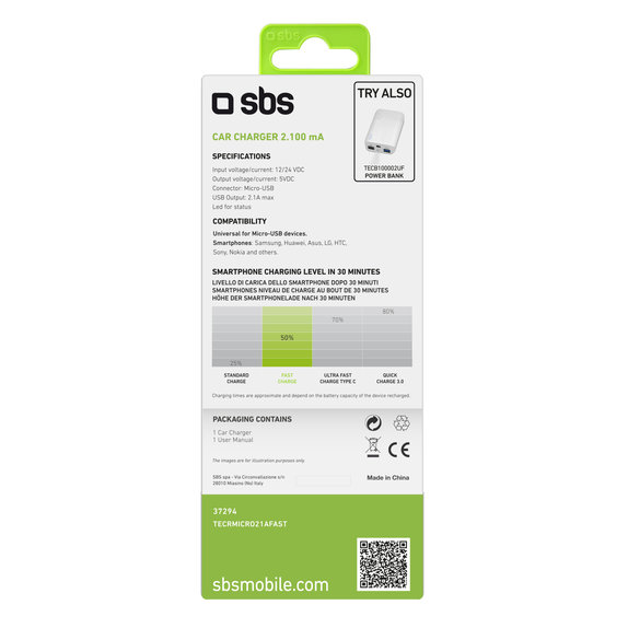 Автомобилно зарядно, Micro-USB, 2.1A, Черно, Black, SBS