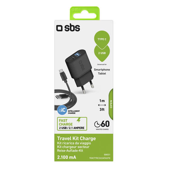10W заряден адаптер 2x USB + USB / USB-C кабел, Черно, Black, SBS