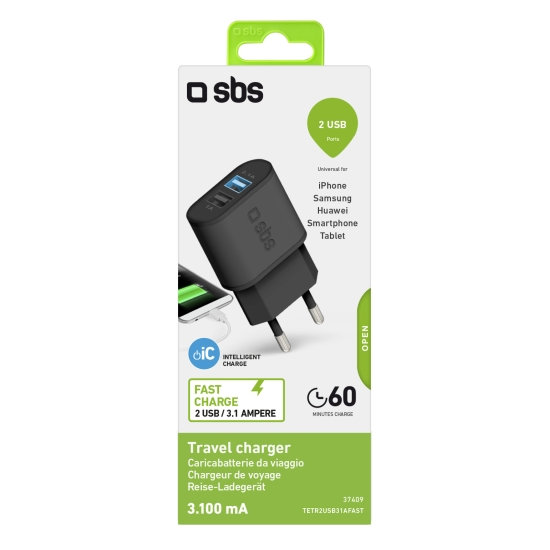 10W заряден адаптер 2x USB, Черно, Black, SBS
