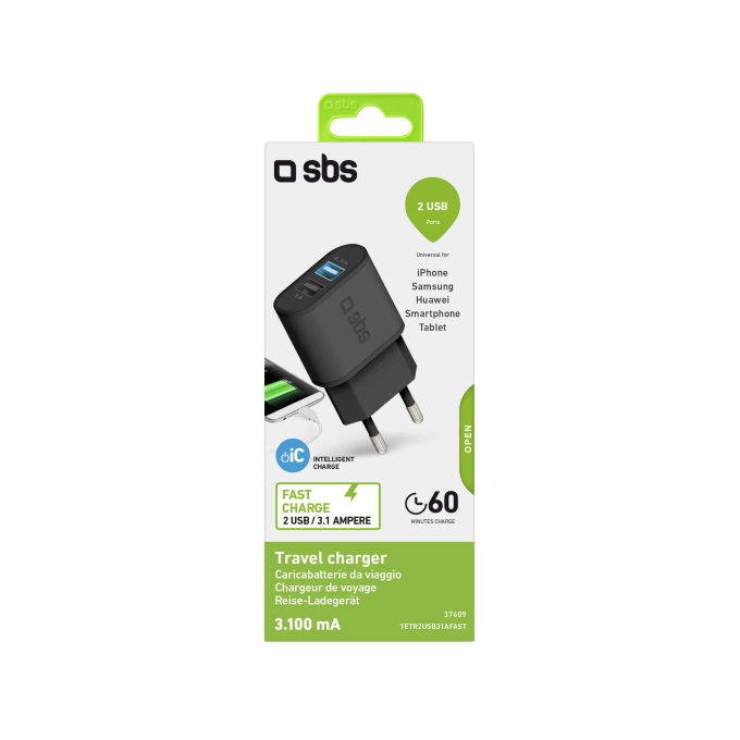 10W заряден адаптер 2x USB, Черно, Black, SBS