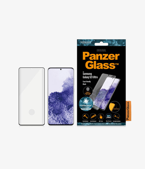 Закалено стъкло съвместимо с калъф AB за Samsung S21 Ultra, съвместимо с пръстов отпечатък, Черно, Black