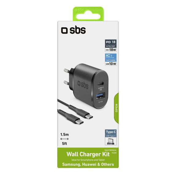 18W заряден адаптер USB, USB-C + USB-C / USB-C кабел, Черно, Black, SBS