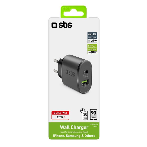 25W заряден адаптер USB, USB-C, Черно, Black, SBS