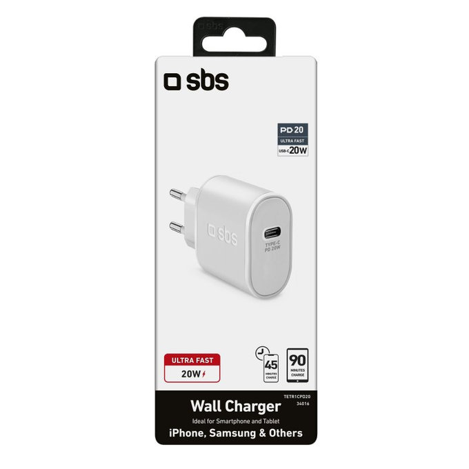 20W заряден адаптер USB-C, Бял, White, SBS