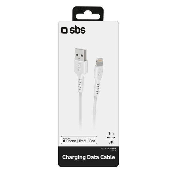 Кабел Lightning / USB, 1m, Бял, White, SBS