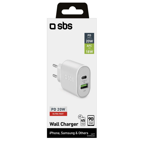 20W заряден адаптер USB, USB-C, Бял, White, SBS