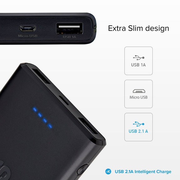 Външна батерия 10 000 mAh, 2x USB, 2,1A, Черно, Black, SBS