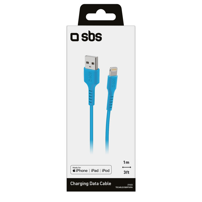 Кабел Lightning / USB, 1m, Синьо, Blue, SBS