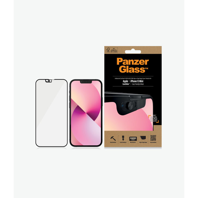 Закалено стъкло съвместимо с калъф и плъзгач за камерата AB за iPhone 13 mini, Черно, Black