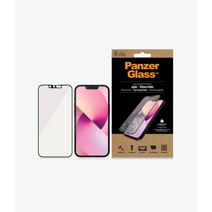 Закалено стъкло съвместимо с калъф против синя светлина AB за iPhone 13 mini, Черно, Black