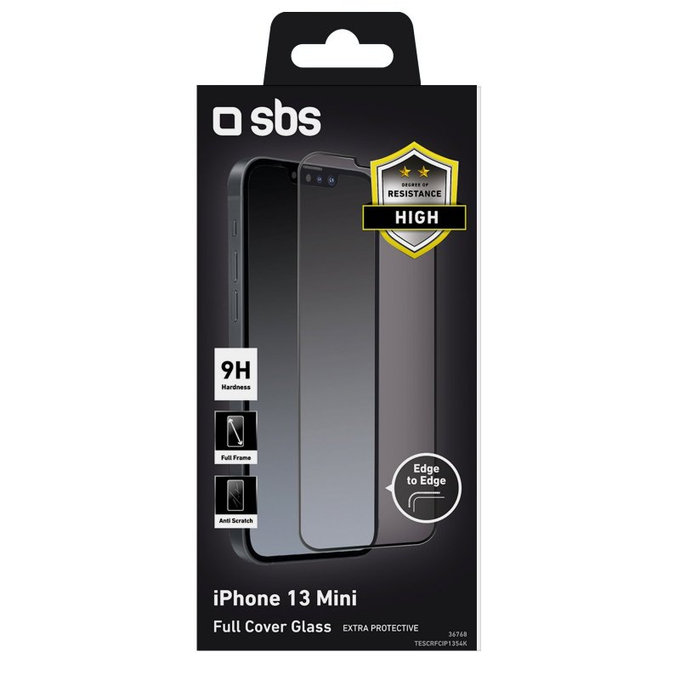 Закалено стъкло с пълно покритие за iPhone 13 mini, Черно, Black, SBS