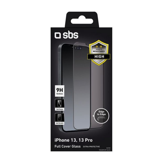 Закалено стъкло с пълно покритие за iPhone 13, 13 Pro и 14, Черно, Black, SBS