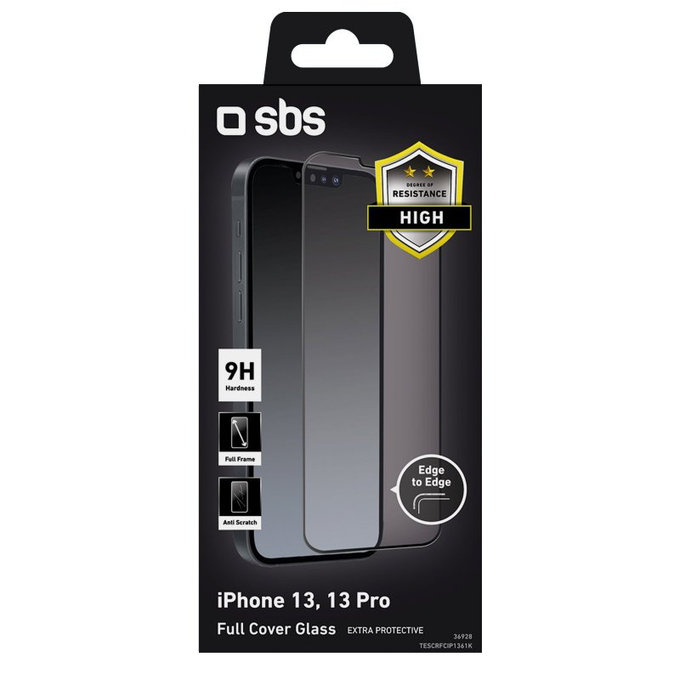 Закалено стъкло с пълно покритие за iPhone 13, 13 Pro и 14, Черно, Black, SBS