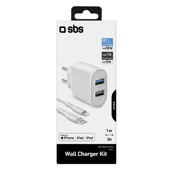 10W заряден адаптер 2x USB + USB / Lightning кабел, Бял, White, SBS