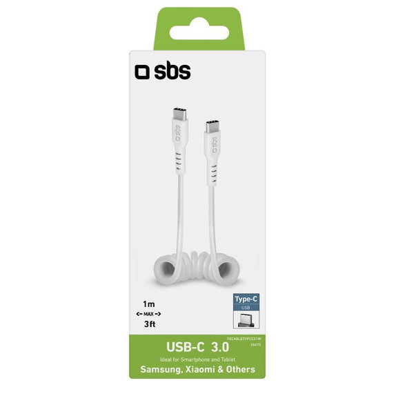 USB-C / USB-C кабел, 1m, спирален, Бял, White, SBS