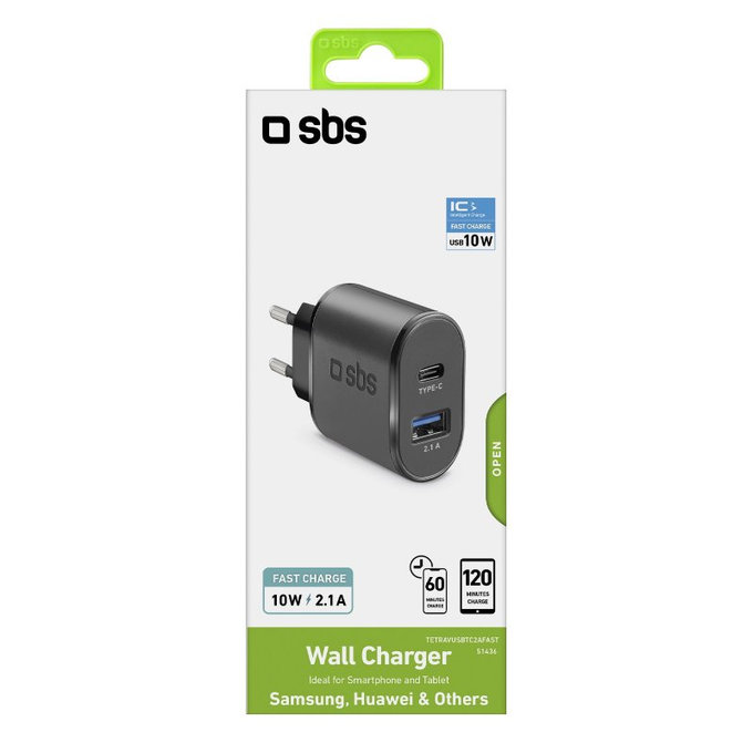 10W заряден адаптер USB, USB-C, Черно, Black, SBS