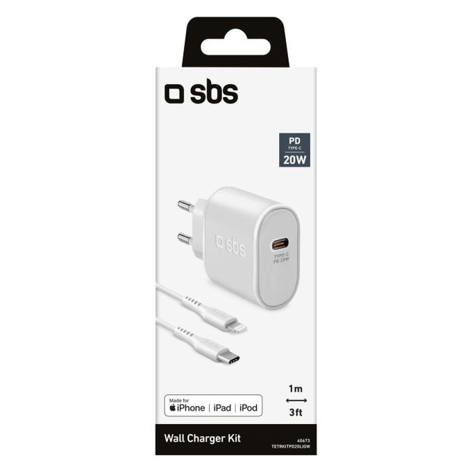 20W заряден адаптер USB-C PowerDelivery + Lightning кабел, 1m, Бял, White, SBS