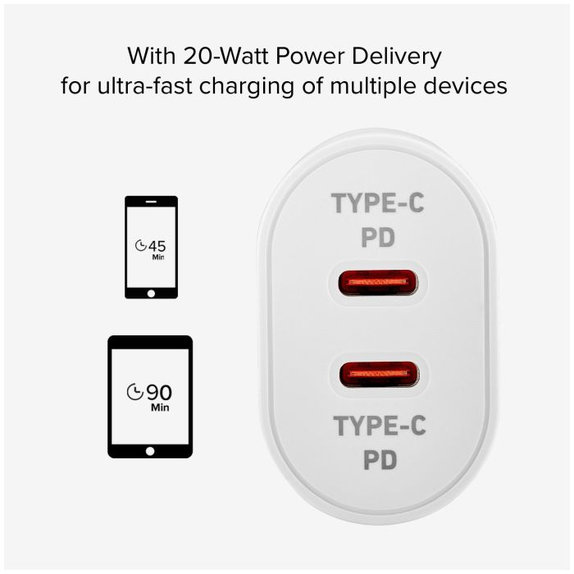 20W заряден адаптер 2x USB-C Power Delivery, Бял, White, SBS