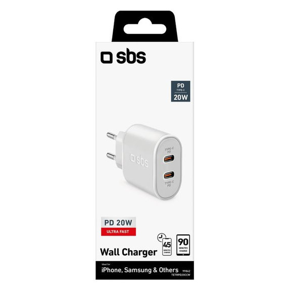 20W заряден адаптер 2x USB-C Power Delivery, Бял, White, SBS