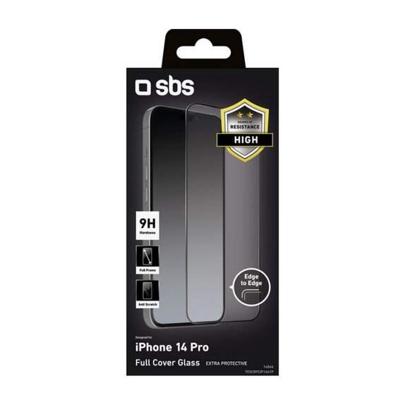 Закалено стъкло с пълно покритие за iPhone 14 Pro, Черно, Black, SBS