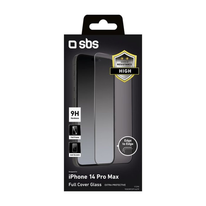 Закалено стъкло с пълно покритие за iPhone 14 Pro Max, Черно, Black, SBS