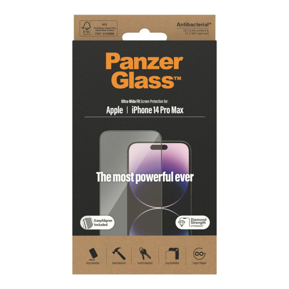 Закалено стъкло UWF AB с апликатор за iPhone 14 Pro Max, Черно, PanzerGlass