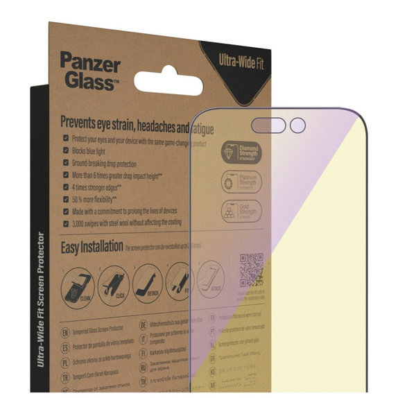 Закалено стъкло UWF Anti-Bluelight AB с апликатор за iPhone 14 Pro, Черно, PanzerGlass