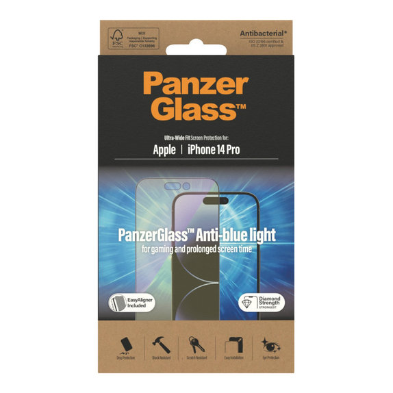 Закалено стъкло UWF Anti-Bluelight AB с апликатор за iPhone 14 Pro, Черно, PanzerGlass