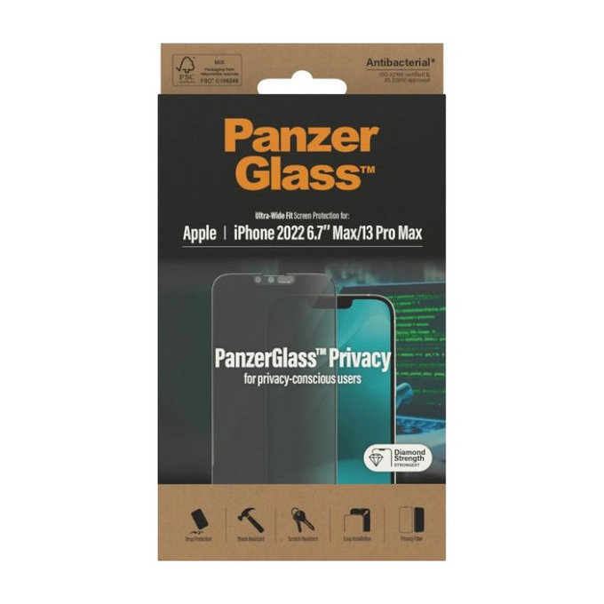 Закалено стъкло UWF Privacy AB за iPhone 13 Pro Max и 14 Plus, PanzerGlass