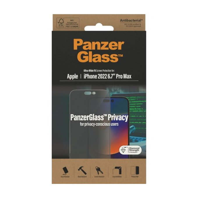 Закалено стъкло UWF Privacy AB за iPhone 14 Pro Max, PanzerGlass