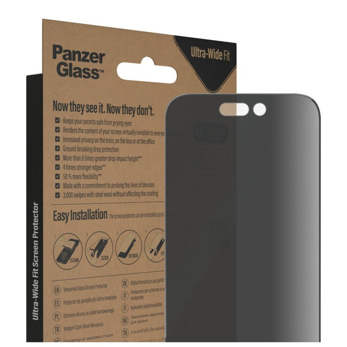 Закалено стъкло UWF Privacy AB с апликатор за iPhone 14 Pro, Черно, PanzerGlass