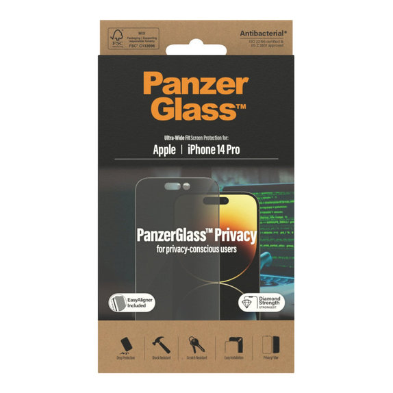 Закалено стъкло UWF Privacy AB с апликатор за iPhone 14 Pro, Черно, PanzerGlass