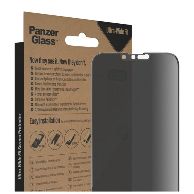 Закалено стъкло UWF Privacy AB с апликатор за iPhone 14 Plus/13 Pro Max, Черно, PanzerGlass