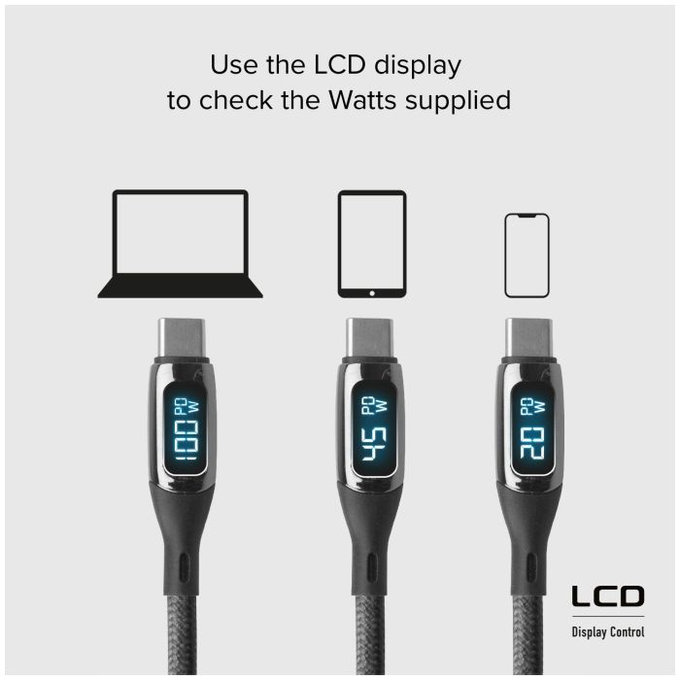 USB-C / USB-C кабел с LCD и PowerDelivery 100W, 1m, Черно, Black, SBS