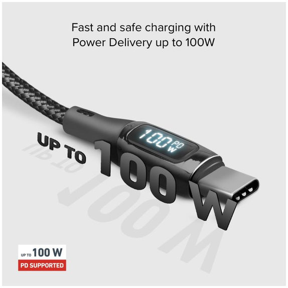 USB-C / USB-C кабел с LCD и PowerDelivery 100W, 1m, Черно, Black, SBS