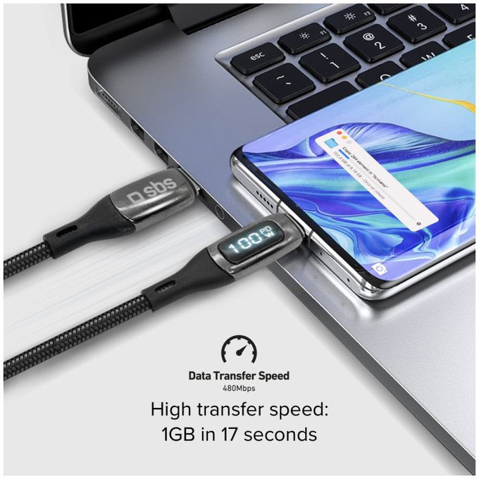 USB-C / USB-C кабел с LCD и PowerDelivery 100W, 1m, Черно, Black, SBS