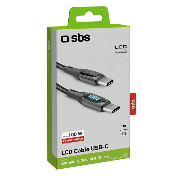 USB-C / USB-C кабел с LCD и PowerDelivery 100W, 1m, Черно, Black, SBS