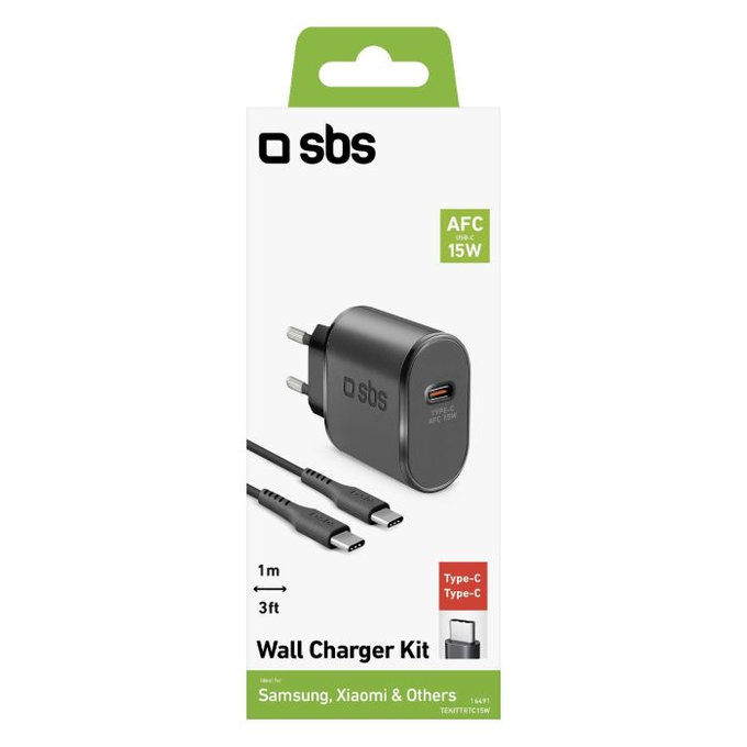Зарядно устройство USB-C + USB-C / USB-C кабел, 1m, 15W, Черно, Black, SBS