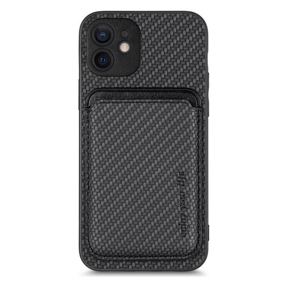 Карбонов калъф с MagSafe портфейл за iPhone 12 mini, Черно, Black