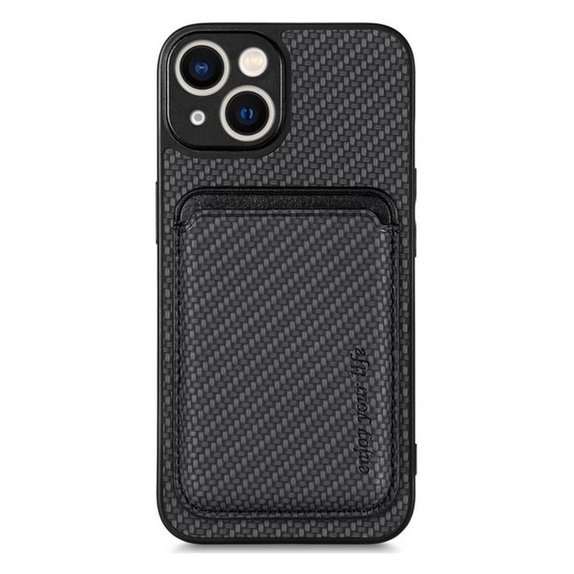 Карбонов калъф с MagSafe портфейл за iPhone 13 mini, Черно, Black