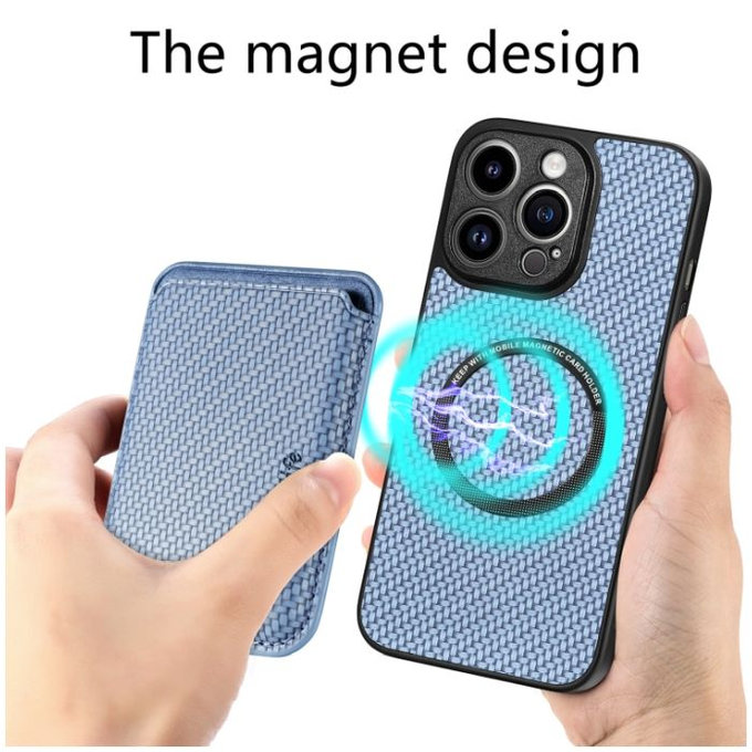 Карбонов калъф с MagSafe портфейл за iPhone 13 & 14, Черно, Black