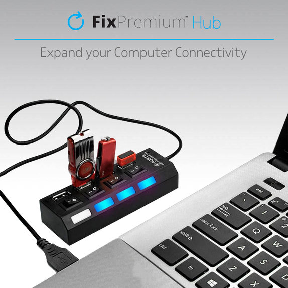 USB хъб с бутон за захранване за 4 USB, Черно, Black, FixPremium