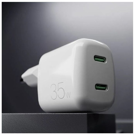 Зарядно устройство MiniPro 2x USB-C, GaN, 35W, Бял, White, PURO
