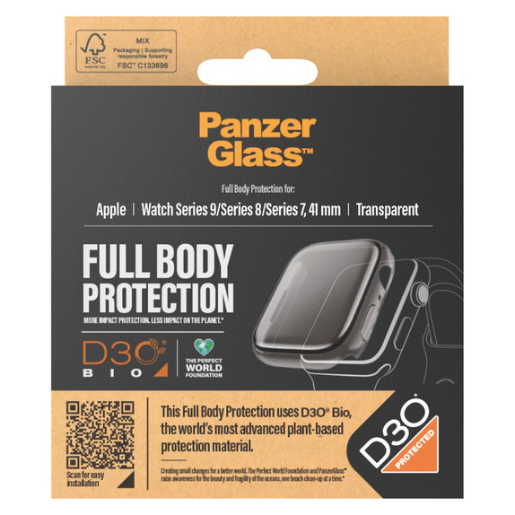 Закалено стъкло Full Body D3O за Apple Watch 9/8/7 41 mm, Прозрачно, PanzerGlass