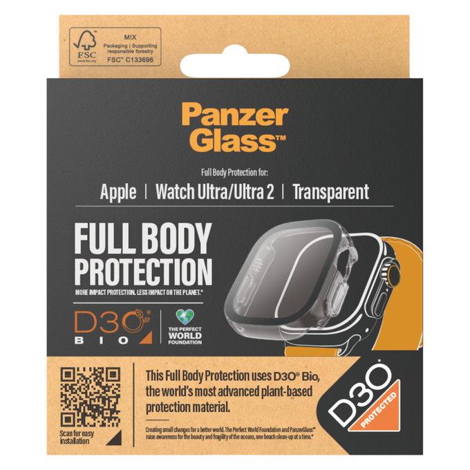 Закалено стъкло Full Body D3O за Apple Watch Ultra/Ultra 2, Прозрачно, PanzerGlass